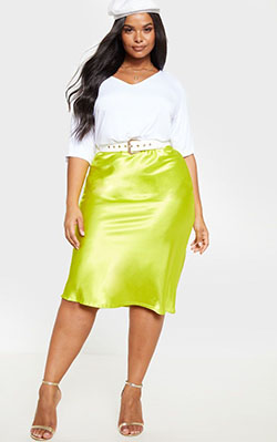 Plus size satin midi skirt: Clothing Ideas,  Pencil skirt,  fashion model,  Plus size outfit,  Yellow And Green Outfit  