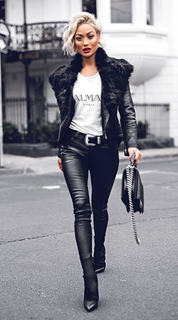 Black and white lookbook dress with leather jacket, crop top, trousers: Crop top,  Leather jacket,  Leather clothing,  Street Style,  Black And White Outfit,  Black And White,  Leather Pant Outfits,  Black Leather Jacket  