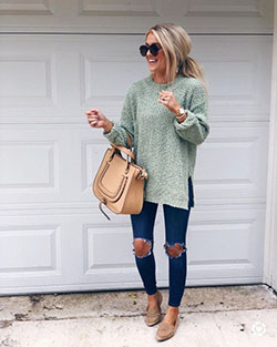 Turquoise and beige outfit style with sweater, shirt, denim: winter outfits,  Street Style,  Ripped Jeans  