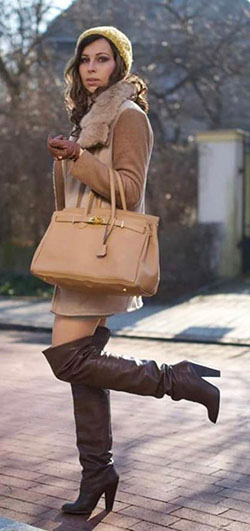 Brown colour outfit ideas 2020 with trousers, leather: Riding boot,  Street Style,  Knee High Boot,  Brown Outfit,  Brown Boots Outfits  