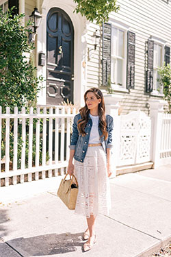 White outfit instagram with denim skirt, jean jacket, jacket: Denim Outfits,  Denim skirt,  Jean jacket,  White Outfit,  Street Style  