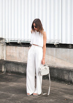 White pants and white top outfit: Crop top,  Street Style,  White And Pink Outfit  