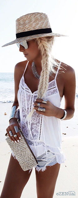 White trendy clothing ideas with sleeveless shirt, swimwear: summer outfits,  Sleeveless shirt,  Long hair,  T-Shirt Outfit,  Surfer hair,  White Outfit,  Boho Chic  