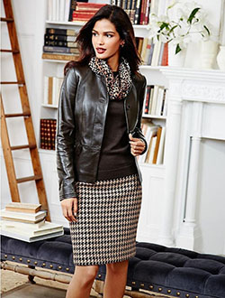 Houndstooth pattern skirt talbots, leather jacket, pencil skirt: Leather jacket,  Pencil skirt,  Black Outfit,  Skirt Outfits,  Black Leather Jacket  