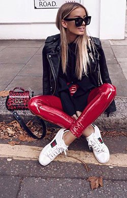 Colour outfit, you must try red vinyl pants slim fit pants, street fashion: Leather jacket,  Street Style,  Red Outfit,  Leather Pant Outfits  