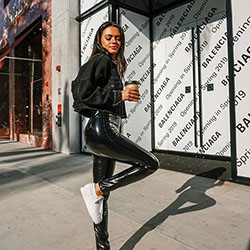 Leather pants with sneakers, leather jacket, street fashion, casual wear, t shirt: Leather jacket,  T-Shirt Outfit,  Black Outfit,  Street Style,  Leather Pant Outfits  