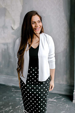 White instagram dress with formal wear, polka dot, blazer: Polka dot,  White Outfit,  Formal wear,  Street Style,  Skirt Outfits,  Black And White  