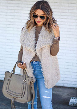 Beige and brown classy outfit with fur clothing, sweater, denim: Fur clothing,  Street Style,  Classy Winter Dresses  