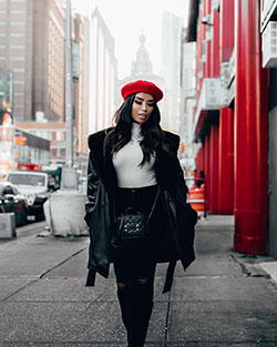Black and red dresses ideas with sweater, jacket, beanie: Polo neck,  Teen outfits,  Street Style,  Black And Red Outfit  