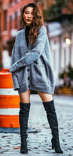 Trendy clothing ideas with denim, jeans, coat: winter outfits,  Boot Outfits,  Street Style,  Knee High Boot  