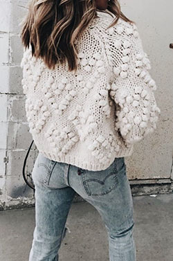 Outfit bobble knit jumper, winter clothing, t shirt: winter outfits,  Jeans Outfit,  T-Shirt Outfit,  Beige And White Outfit  