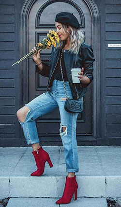 Model In A Cool And Stylish Outfit | Leather Jacket Paired With Ripped Jeans And Red Boots: Denim,  jacket,  Denim Outfits,  fashion blogger,  Jeans Outfit,  Trousers  