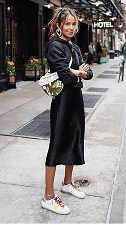 Black clothing ideas with silk little black dress, dress shoe: Street Style,  Casual Outfits,  Little Black Dress,  Comfy Outfit Ideas  