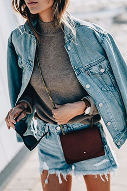 Turquoise clothing lookbook ideas with jean jacket, shorts, jacket: Jean jacket,  Street Style,  Cool Denim Outfits,  Turquoise Outfit  