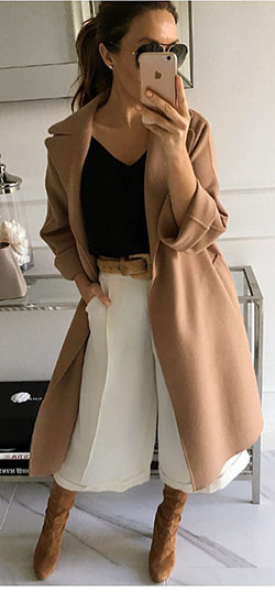 Khaki and beige colour outfit with coat, contemplation, copyright: 