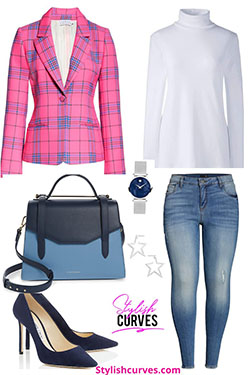 White and pink colour outfit, you must try with uniform, blazer, tartan: Tanya Taylor,  Plus size outfit,  White And Pink Outfit  