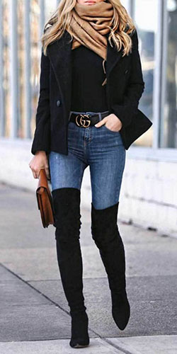 Thigh high boots outfit: Denim Outfits,  Over-The-Knee Boot,  Boot Outfits,  Fashion accessory,  White And Black Outfit  