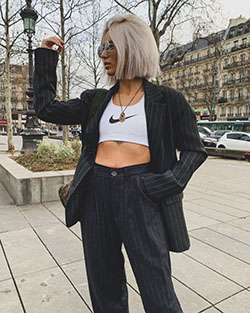 Black and white outfit Stylevore with crop top, blazer, jacket: Crop top,  Street Style,  Comfy Outfit Ideas,  Black And White,  Zado Leather Jacket  