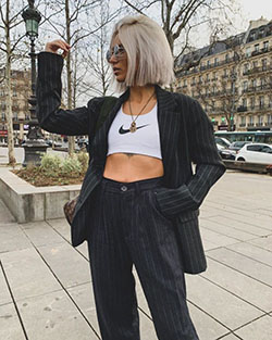 Black and white outfit Stylevore with crop top, blazer, jacket: Crop top,  Street Style,  Comfy Outfit Ideas,  Black And White  