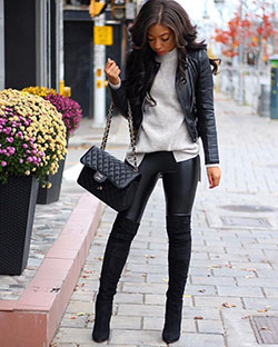 Chanel over the knee boots outfit: Leather jacket,  Over-The-Knee Boot,  Boot Outfits,  Legging Outfits,  Black And White Outfit  