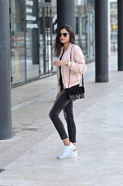 Pink bomber jacket outfit, street fashion, flight jacket, casual wear, t shirt: T-Shirt Outfit,  Flight jacket,  Street Style,  Casual Outfits,  Classy Fashion,  bomber jacket,  Lounge jacket  