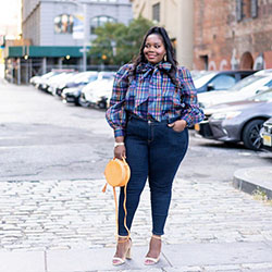 Colour outfit ideas 2020 with blazer, tartan, jeans: Street Style,  Plus size outfit  