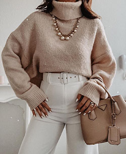 Beige and white colour outfit with trousers, sweater: Casual Outfits,  Turtleneck Sweater Outfits  