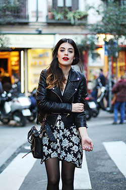 Floral dress with leather jacket: Leather jacket,  Floral design,  Teen outfits,  Street Style  