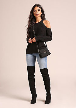 Black cute outfit ideas with leggings, jeans: fashion model,  Black Outfit,  Boot Outfits,  Knee High Boot  