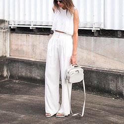 Wide leg pants and matching top: Crop top,  T-Shirt Outfit,  White Outfit,  Street Style  