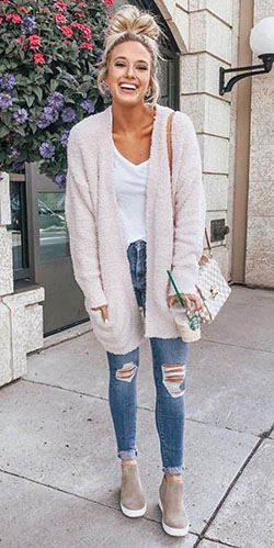 white outfits for women with sweater, jeans, top: White Jeans,  Spring Outfits,  White Top  