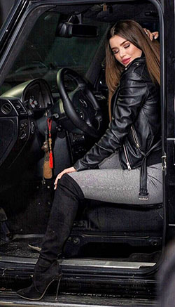 Sexy leather woman boots in car: Leather jacket,  Long hair,  Stiletto heel,  Boot Outfits,  High Heeled Shoe,  Knee High Boot,  Chap boot  