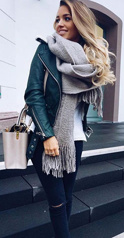 Green leather jacket outfit, winter clothing, leather jacket, street fashion: winter outfits,  Leather jacket,  Street Style,  Classy Winter Dresses  