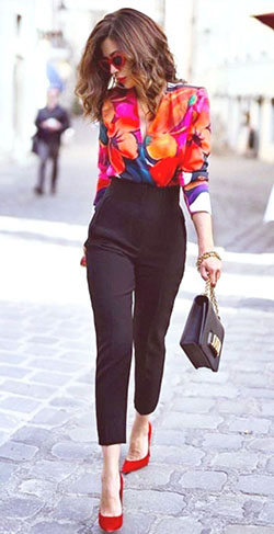 Sexy and professional Office attire | Red heels, Black trouser, Black purse, colorful top: 