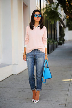 Outfit style pink sweater jeans, street fashion, jean jacket: Street Style,  Classy Fashion  