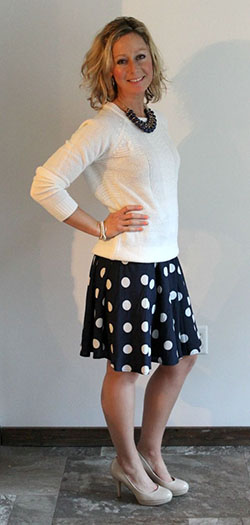 Sweater over polka dot skirt: Crew neck,  Polka dot,  Swing skirt,  Skirt Outfits,  Yellow And Black Outfit  