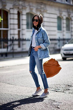 Denim on denim and sneakers: Jean jacket,  Street Style,  Orange Outfits,  Cool Denim Outfits  