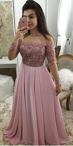 Off shoulder full sleeves gown: party outfits,  Evening gown,  Bridesmaid dress,  Ball gown,  Bridal Party Dress,  Pink Outfit,  Curvy Prom Dresses,  Off Shoulder  