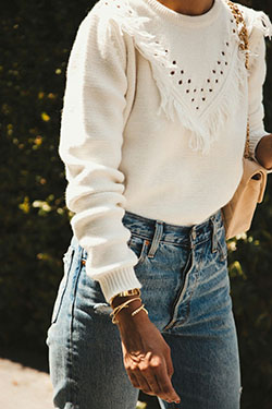 White colour outfit ideas 2020 with bohemian style, sweater, denim: Bohemian style,  Jeans Outfit,  White Outfit,  Street Style,  Boho Chic  