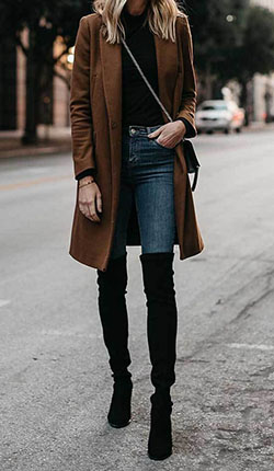 Winter Outfit Ideas With Brown Coat, Blue Jeans & Black Knee High Boots: Denim Outfits,  Polo neck,  Over-The-Knee Boot,  Brown Denim,  Brown Jeans  