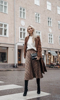 Pleat skirt work outfit, street fashion, a line: Boot Outfits,  Street Style,  Beige And Brown Outfit  