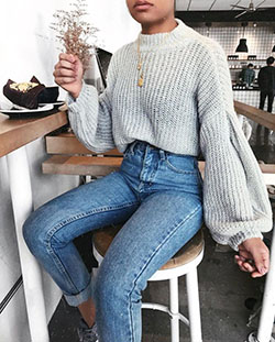 Grey knit sweater outfit, casual wear, mom jeans: Jeans Outfit  