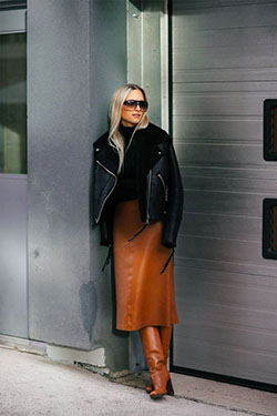 Orange colour outfit ideas 2020 with leather, jacket, skirt: Shearling coat,  Street Style,  Orange Outfits,  Brown Boots Outfits  