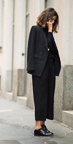 Black blazer and culottes little black dress, street fashion: Black Outfit,  Formal wear,  Street Style,  Little Black Dress  