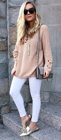 White and brown classy outfit with sweater, jeans sunglasses, shoe: Street Style  