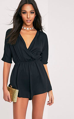 Black style outfit with cocktail dress, wrap dress: summer outfits,  Cocktail Dresses,  Romper suit,  Petite size,  fashion model,  Black Outfit  