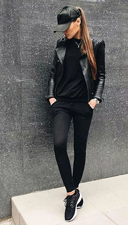 Colour outfit, you must try womens black outfit high heeled shoe, leather jacket: Black Outfit,  Leather jacket,  Street Style,  High Heeled Shoe,  Black Leather Jacket  