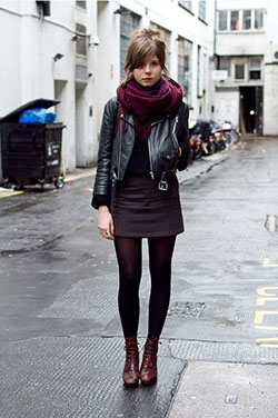 Winter skirt with tights, winter clothing, leather jacket, street fashion, casual wear: winter outfits,  Leather jacket,  Black Outfit,  Teen outfits,  Street Style,  Black Leather Jacket  