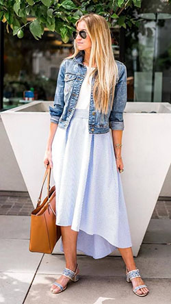White colour combination with jean jacket, jacket, skirt: Jean jacket,  Street Style,  Casual Outfits  