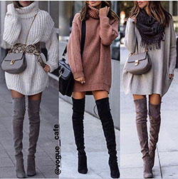 Designer outfit with sweater: winter outfits,  Boot Outfits,  Street Style,  Knee High Boot  